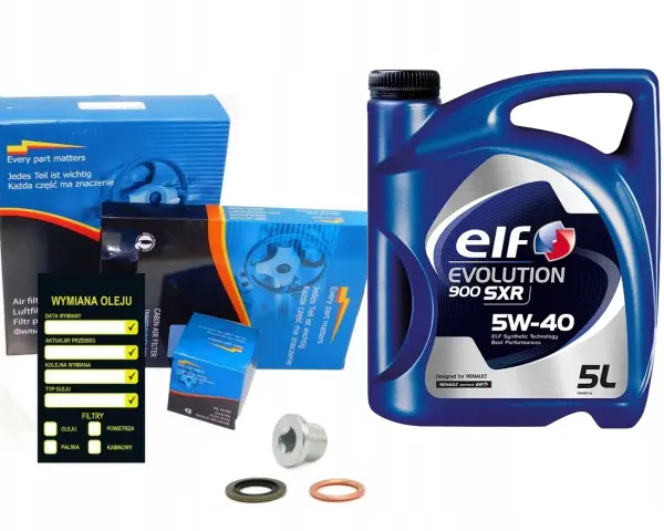Olej Elf Evolution 900 SXR 5W-40 5L, idealny do silnika MWM Renault. Zestaw zawiera filtry i akcesoria.