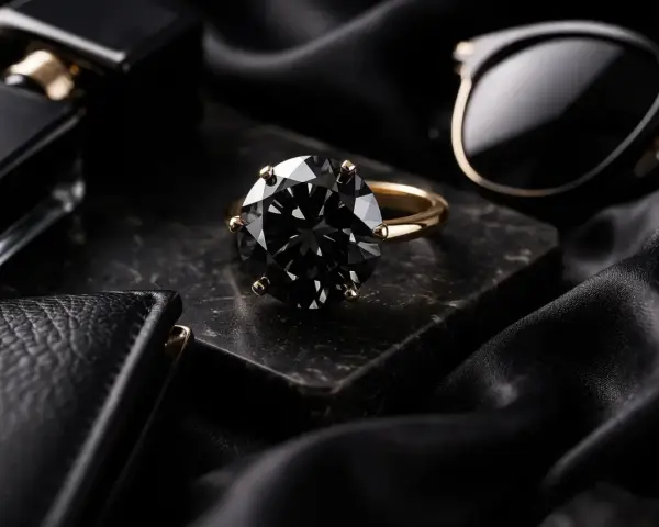 Elegancki pierścionek z czarnym kamieniem szlachetnym, obok flakonika perfum i okularów. Czarne kamienie szlachetne nazwy: diament, spinel, turmalin.