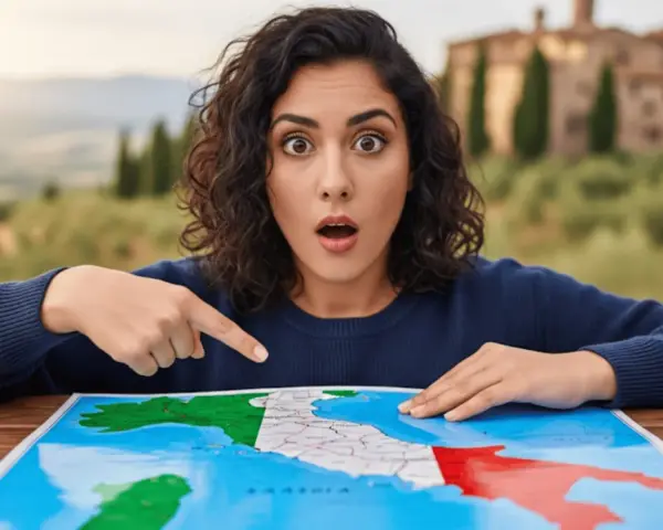 Mujer sorprendida señalando un mapa de Italia con la bandera italiana.