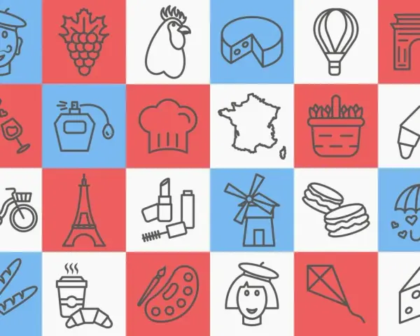 Iconos que representan el logo de Francia: Torre Eiffel, baguette, queso, macaron, gorro de chef, mapa de Francia, y más.