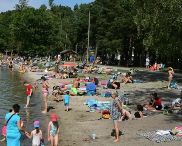 Tłoczna plaża nad jeziorem na Pomorzu. Ludzie opalają się, kąpią i odpoczywają w cieniu drzew.