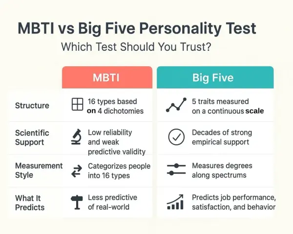 Porównanie MBTI i Big Five: MBTI ma 16 typów osobowości skróty, Big Five mierzy 5 cech. MBTI ma słabe wsparcie naukowe.