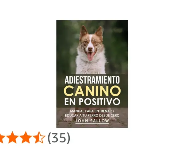 Un perro feliz sonríe en la portada de "Adiestramiento Canino en Positivo", un manual para el entrenamiento de perros.
