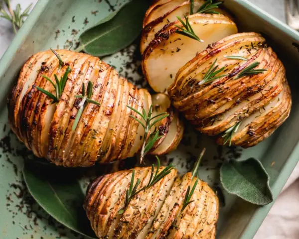 Pommes de terre Hasselback dorées et croustillantes, garnies de romarin frais. Une recette pomme de terre parfaite pour accompagner vos plats.