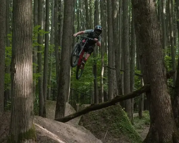 Kolarz MTB w powietrzu na leśnych trasach.