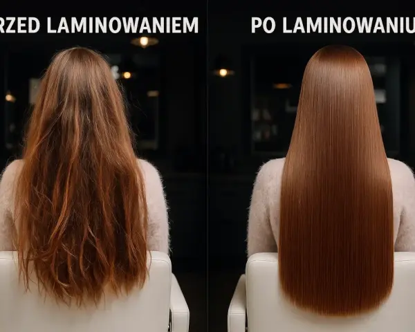 Przed i po laminacji włosów: zniszczone, puszące się włosy zamieniają się w gładkie, lśniące i zdrowe.