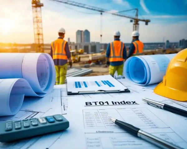 Plans, calculatrice, casque jaune et ouvriers sur un chantier. Le document BT01 Index est au premier plan.