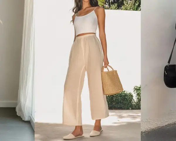 Tres looks veraniegos con pantalones anchos de vestir. El calzado perfecto para pantalones anchos de vestir varía: sandalias de tacón, mules o cuñas.