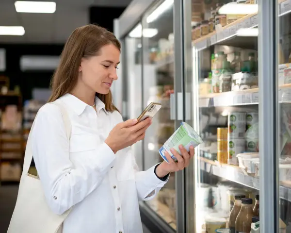 Kobieta w białej koszuli trzyma jogurt i telefon, analizując produkt w sklepie.