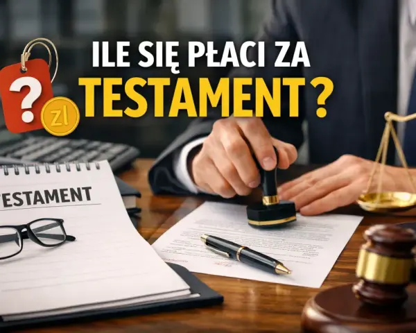 Pytanie o koszt testamentu notarialnego. Na biurku notariusza dokument, pieczęć, waga sprawiedliwości i młotek.