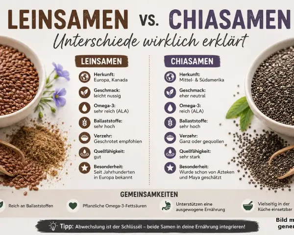 Leinsamen sind gesund und reich an Omega-3. Die Grafik vergleicht sie mit Chiasamen und zeigt ihre Vorteile für eine ausgewogene Ernährung.