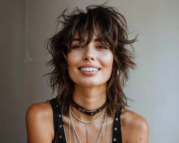 Mujer con un moderno corte mullet, sonriendo con confianza.