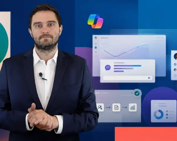 Mężczyzna w garniturze prezentuje możliwości Copilot Studio, pokazując interfejsy z wykresami i przepływami pracy.