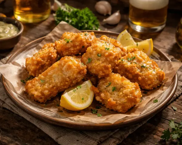 Crujientes trozos de bacalao rebozado, servidos con gajos de limón y perejil picado. Perfectos para acompañar una cerveza fría.