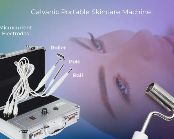 Galvanic current is used when this portable skincare machine, with its microcurrent electrodes (roller, pole, ball), is applied to the face for rejuvenation.