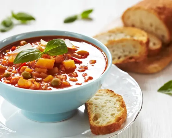 Zupa jarzynowa a minestrone w niebieskiej miseczce, udekorowana bazylią, podana z chrupiącym pieczywem.