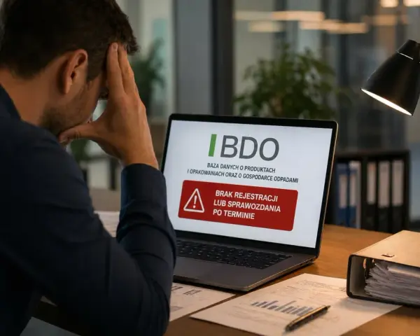 Zestresowany mężczyzna widzi na ekranie laptopa komunikat o braku rejestracji lub sprawozdania po terminie w BDO, co może wiązać się z opłatą produktową.