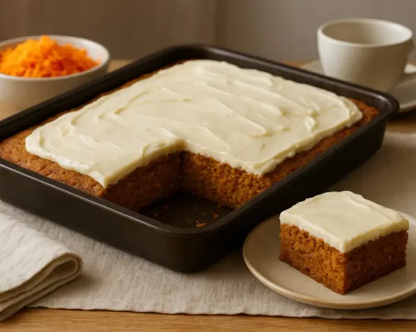 En saftig morotskaka i långpanna med krämig frosting. En bit är upplagd på en tallrik, redo att avnjutas.