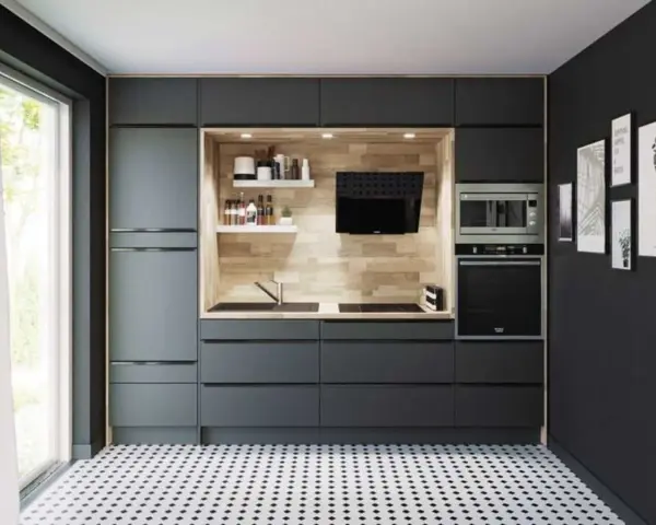 Cuisine moderne avec électroménagers encastrables et intégrables. La différence est subtile, mais l'intégration est plus discrète.