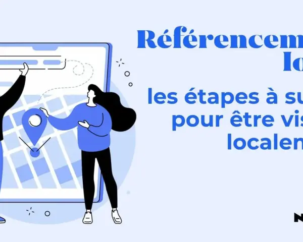 Illustration de deux personnes interagissant avec une carte sur un écran, symbolisant le référencement local Google My Business et les étapes pour être visible localement.