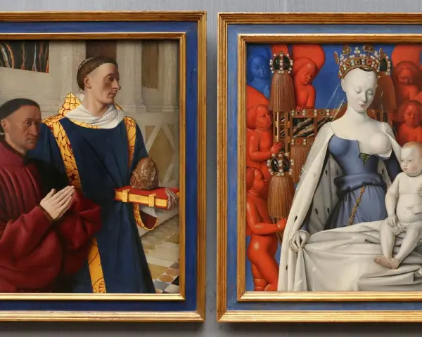 Dyptyk z Melun: po lewej modlący się mężczyzna i święty, po prawej Madonna z Dzieciątkiem otoczona przez aniołki.