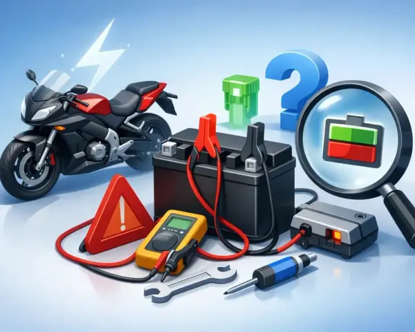 Moto non parte? Batteria scarica, fusibile bruciato, o problema elettrico? Strumenti e un punto interrogativo per capire cosa non va.