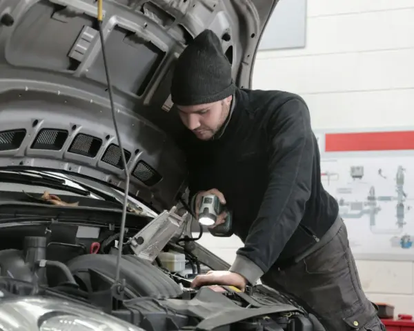 Mechanik z latarką bada silnik Forda, szukając przyczyny błędu DTC P0380.