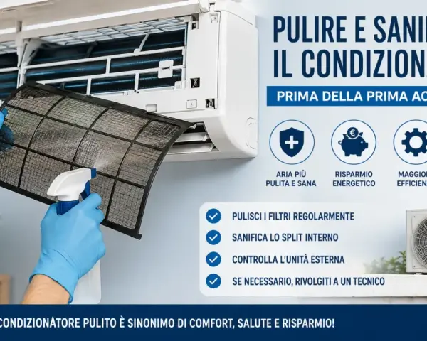 Mani con guanti blu puliscono il filtro del condizionatore con uno spray. Impara come pulire i filtri del condizionatore per aria più sana.