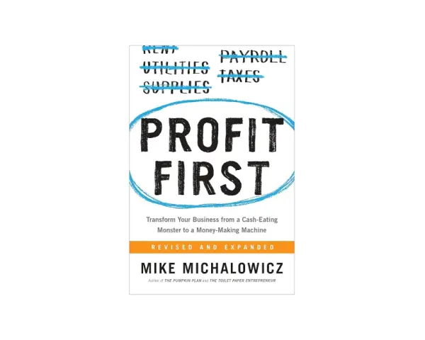 Book cover for "Profit First Method" by Mike Michalowicz. It shows "Profit First" in large letters, with expenses like rent and payroll crossed out.
