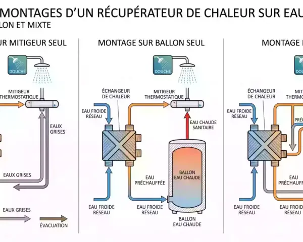 Schéma montrant trois systèmes de récupération d'eau de douche : mitigeur seul, ballon seul et mixte. L'eau grise préchauffée est réutilisée.