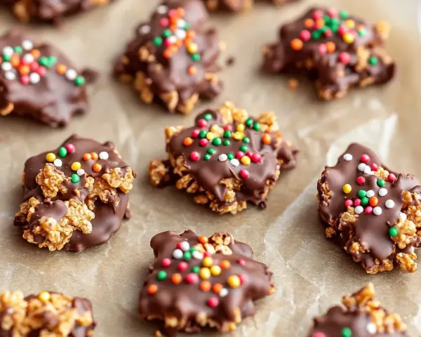 Roligt julgodis barn älskar! Krispiga chokladkakor med färgglada strössel, perfekta för julfikat.