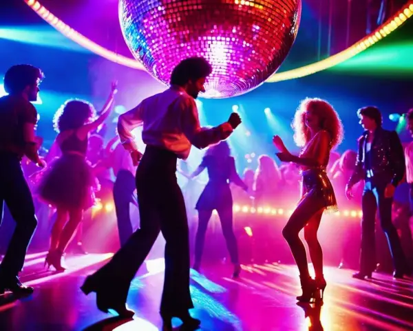 Une boule disco illumine une piste de danse où des couples dansent au rythme de la musique, évoquant l'ambiance festive de l'année disco.