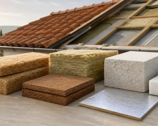 Vari materiali isolanti, tra cui pannelli per rasante termico per esterno, disposti davanti a un tetto in fase di ristrutturazione.