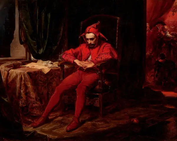 Smutny błazen w czerwonym stroju siedzi na krześle. To jedno z wielu poruszających jan matejko obrazy, ukazujące ludzkie emocje.