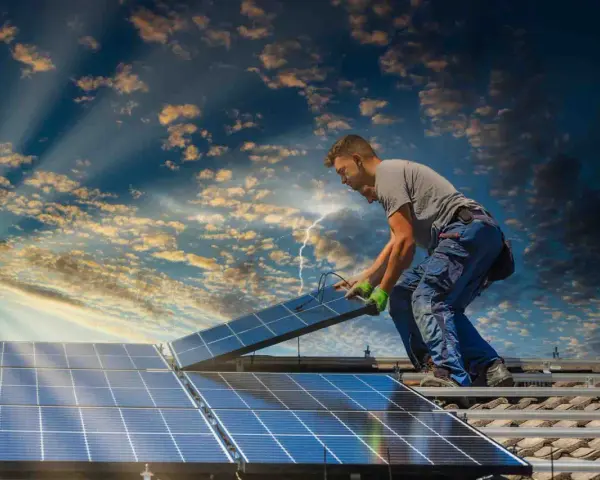 Instalator montuje panele słoneczne na dachu, przygotowując dom do systemu net metering. Słońce przebija się przez chmury.