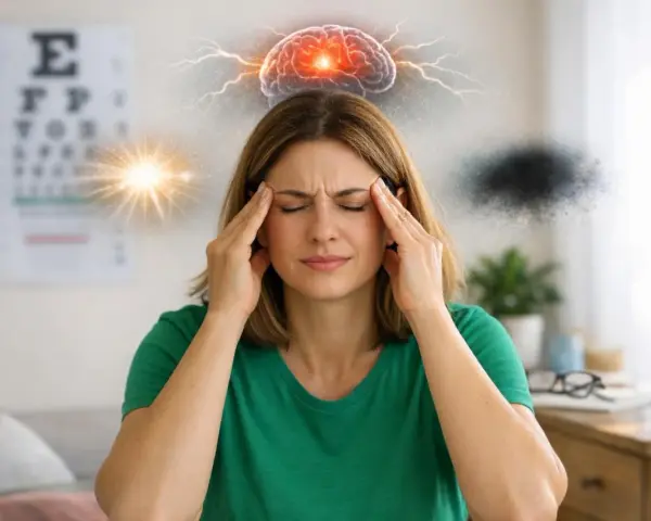Donna con mani sulle tempie, soffre di forte stress e disturbi della vista. Il cervello è illuminato da fulmini e luci intense.
