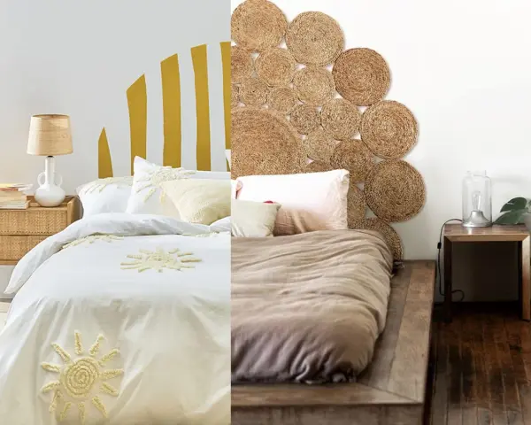 Dos camas con cabeceros originales: uno con diseño de sol pintado y otro con discos de yute.