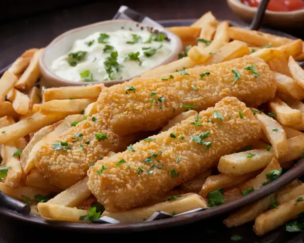 Knusprige Fischstäbchen mit Pommes und Dip. Perfekt paniert ohne Ei, garniert mit Petersilie. Ein Genuss für Groß und Klein.