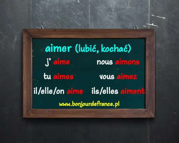 Tablica z odmianą czasownika "aimer" (lubić, kochać) po francusku. "J'aime" to ja lubię.