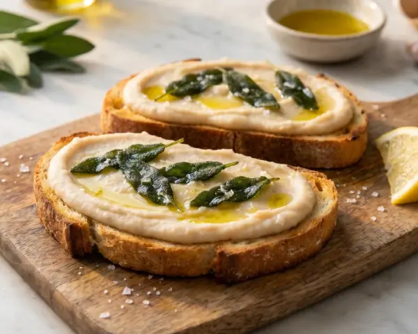 Två rostade brödskivor med krämig bönröra, salvia och olivolja. Ett enkelt och gott bruschetta recept.