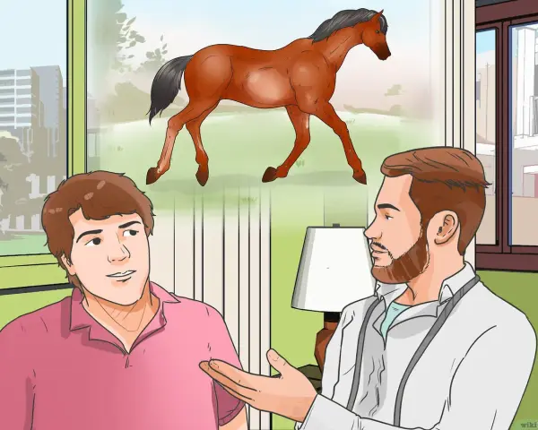 Un homme discute avec un vétérinaire, préoccupé par un jarret cheval gonflé. Le cheval galope dans un paysage champêtre en arrière-plan.