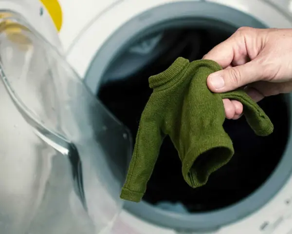 Main verte, petite, tenue dans une main, devant une machine à laver ouverte. Le coton rétrécit il au lavage ?