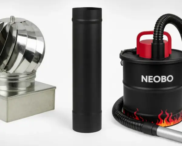 A stainless steel chimney cap, a black stove pipe, and a black ash vacuum with red accents and flame graphics.