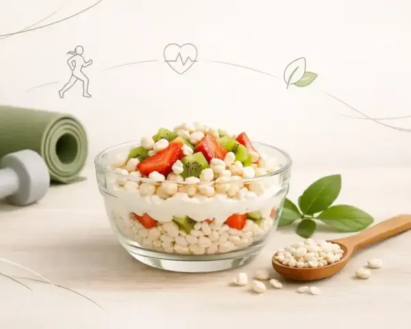 Zdrowy deser z jogurtem, truskawkami, kiwi i ryżem preparowanym. Idealny na śniadanie, gdy liczymy ryż preparowany kcal.