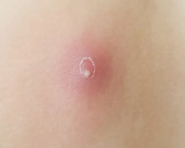 Rote, entzündete Haut mit einem kleinen, weißen Eiterkopf in der Mitte. So sieht ein Abszess aus, wenn er sich bildet.