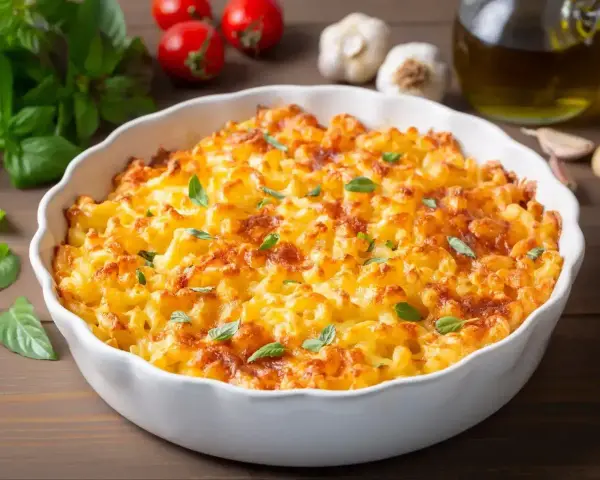 Pyszne Mac and Cheese w białej naczyniu, idealne na obiad. Ten przepis na Mac and Cheese zachwyci każdego!