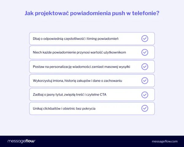 Jak projektować skuteczne powiadomienia push w telefonie? Lista wskazówek: dbaj o timing, personalizację, wartość dla użytkownika, jasny tytuł i CTA. Unikaj clickbaitów.