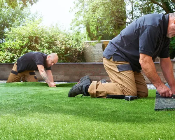 Dos hombres trabajan en un jardín, instalando césped artificial. Uno corta el borde mientras el otro lo alisa.