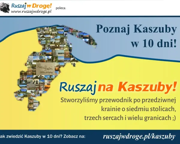 Mapa Kaszub złożona z małych zdjęć zachęca do zwiedzania Kaszub samochodem. Odkryj piękno regionu!