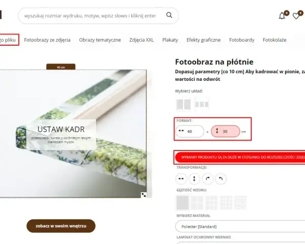 Wybór formatu wydruku 40x30 cm na stronie Bobraz.pl. Ustawianie kadru dla fotoobrazu.